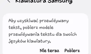 Ekran z tekstem "Klawiatura Samsung" i informacją o pobraniu modeli przewidywania tekstu.