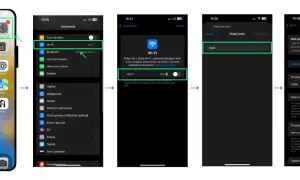 Zrzuty ekranu z telefonu pokazujące kroki aktywacji Wi-Fi i hasła.