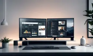 Dwa monitory z widokiem na wykresy i wideokonferencję.
