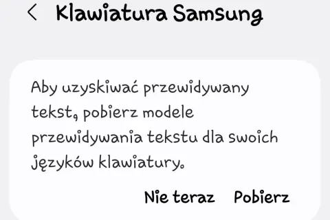 Ekran z tekstem "Klawiatura Samsung" i informacją o pobraniu modeli przewidywania tekstu.