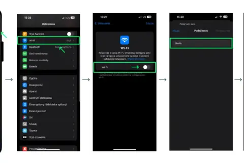 Zrzuty ekranu z telefonu pokazujące kroki aktywacji Wi-Fi i hasła.