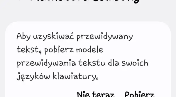 Ekran z tekstem "Klawiatura Samsung" i informacją o pobraniu modeli przewidywania tekstu.