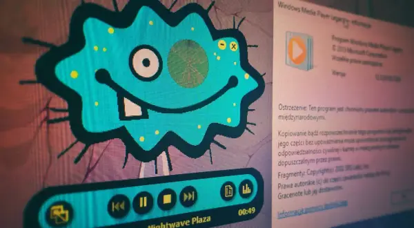 Niebieski, kreskówkowy wirus z uśmiechem i zębem, obok okna z informacjami o Windows Media Player.