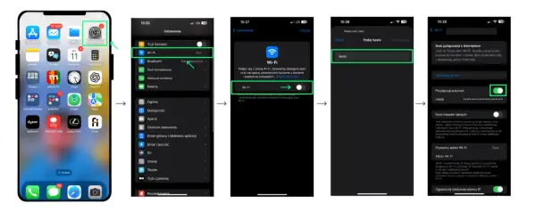 Zrzuty ekranu z telefonu pokazujące kroki aktywacji Wi-Fi i hasła.